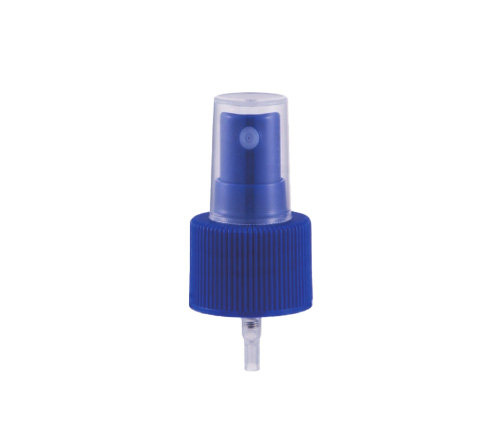 Blue plastic spray pump head with transparent cap, ideal for cosmetic and personal care product dispensing