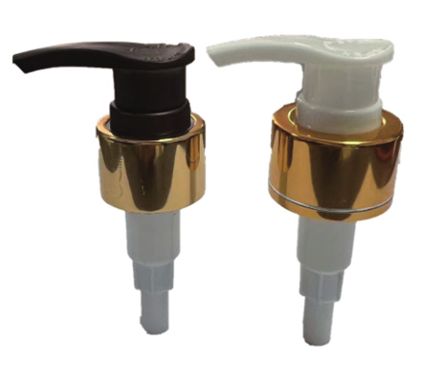 32/410 electroplated aluminum pump heads, available in black and white handles, ideal for bulk luxury cosmetic packaging.
