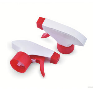 Red and white trigger spray nozzle, ideal for household cleaning and garden spraying tasks, durable plastic construction