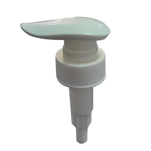 Product image of Yuyao Yurongfa Plastic’s 28/410 leaf - shaped pump head, featuring a leaf - shaped pressing design, suitable for daily chemical lotion/shower gel packaging, with a sealed structure ensuring smooth pressing and stable liquid output.