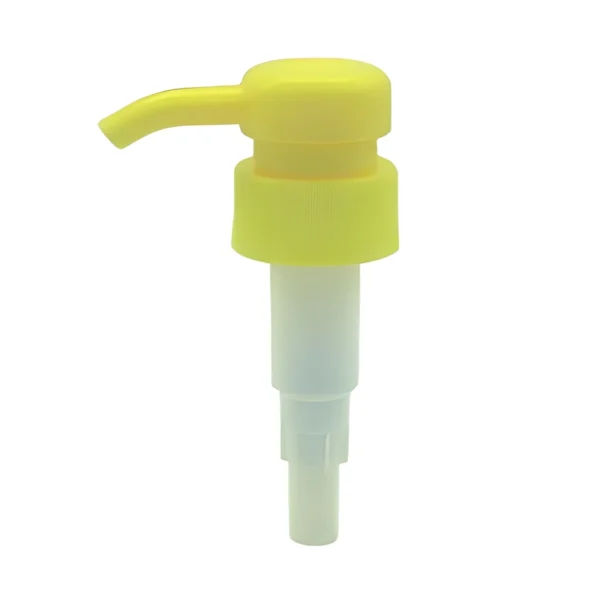 Yellow plastic lotion pump with curved spout, ideal for dispensing skincare/cleaning liquids, featuring a yellow top and translucent white stem.