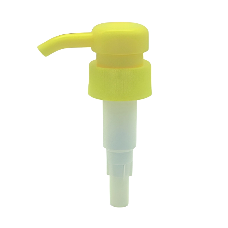 Yellow plastic lotion pump with curved spout, ideal for dispensing skincare/cleaning liquids, featuring a yellow top and translucent white stem.