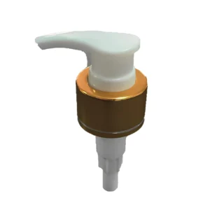 28/410 electroplated aluminum pump head, ideal for bulk luxury cosmetic packaging (serum, lotion). Gold - accent design.