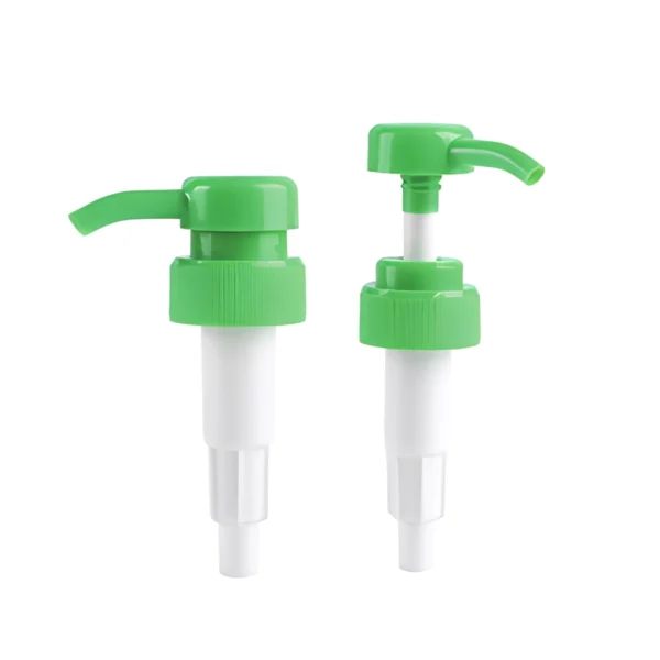 Two green lotion pumps with white stems, plastic dispensing nozzles for liquid products