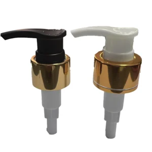 32/410 electroplated aluminum pump heads, available in black and white handles, ideal for bulk luxury cosmetic packaging.