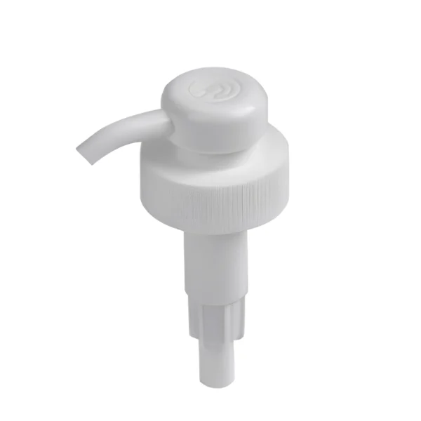 White plastic lotion pump dispenser, single - piece, curved spout, for liquid skincare/cleaning products
