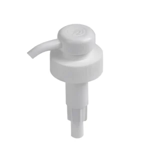 White plastic lotion pump dispenser, single - piece, curved spout, for liquid skincare/cleaning products