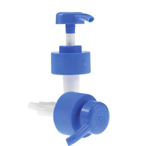 Blue plastic lotion pump dispensers, set of 2, suitable for liquid soap/skincare products, shown in vertical and horizontal positions.